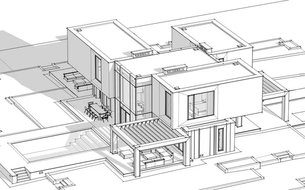 Rendering Skizze Von Modernen Gemütlichen Haus Fluss Mit Garage Zum — Stockfoto