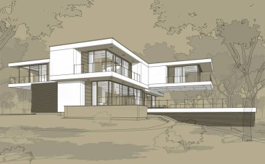 Satılık ve kiralık garaj ile modern rahat ev 3D işleme sketch. Beyaz spot ve entourage zanaat arka plan üzerinde çizim el ile siyah çizgi kroki.