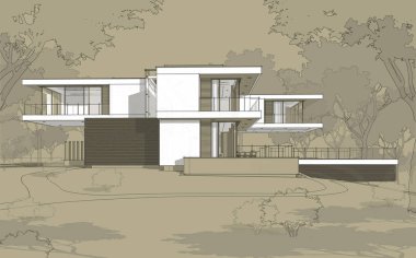 Satılık ve kiralık garaj ile modern rahat ev 3D işleme sketch. Beyaz spot ve entourage zanaat arka plan üzerinde çizim el ile siyah çizgi kroki.