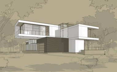 Satılık ve kiralık garaj ile modern rahat ev 3D işleme sketch. Beyaz spot ve entourage zanaat arka plan üzerinde çizim el ile siyah çizgi kroki.