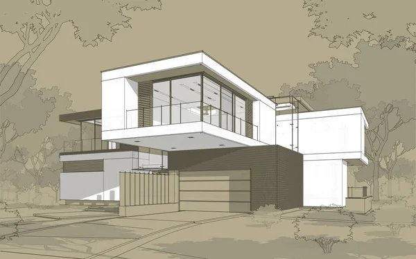 3d rendering sketch of modern cozy house with garage for sale or rent. Black line sketch with white spot and hand drawing entourage on craft background.