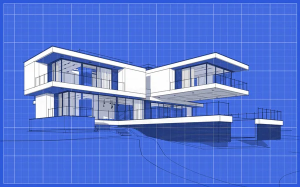 3d rendering sketch of modern cozy house with garage for sale or rent. Graphics black line sketch with white spot on blueprint background.