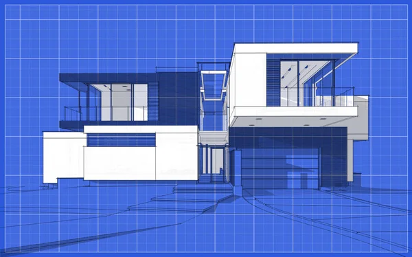 3d rendering sketch of modern cozy house with garage for sale or rent. Graphics black line sketch with white spot on blueprint background.