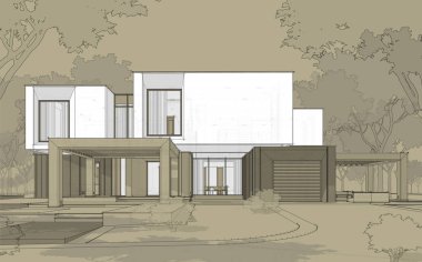 Bahçe garaj Satılık ve kiralık ile modern rahat evde 3D işleme sketch. Beyaz spot ve entourage zanaat arka plan üzerinde çizim el ile siyah çizgi kroki.