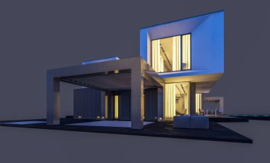 Satılık ve kiralık garaj ile nehrin yanında modern rahat ev 3D render. Penceresinden yumuşak ışık ile akşam ne yapıyorsun? Gri izole.