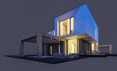 Satılık ve kiralık garaj ile nehrin yanında modern rahat ev 3D render. Penceresinden yumuşak ışık ile akşam ne yapıyorsun? Gri izole.