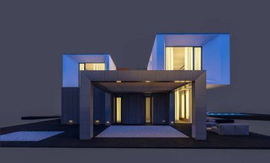 Satılık ve kiralık garaj ile nehrin yanında modern rahat ev 3D render. Penceresinden yumuşak ışık ile akşam ne yapıyorsun? Gri izole.