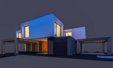 Satılık ve kiralık garaj ile nehrin yanında modern rahat ev 3D render. Penceresinden yumuşak ışık ile akşam ne yapıyorsun? Gri izole.