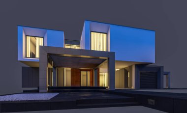 Satılık ve kiralık garaj ile nehrin yanında modern rahat ev 3D render. Penceresinden yumuşak ışık ile akşam ne yapıyorsun? Gri izole.