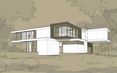 Satılık ve kiralık garaj ile modern rahat ev 3D işleme sketch. Beyaz spot ve entourage zanaat arka plan üzerinde çizim el ile siyah çizgi kroki.