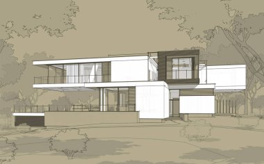 Satılık ve kiralık garaj ile modern rahat ev 3D işleme sketch. Beyaz spot ve entourage zanaat arka plan üzerinde çizim el ile siyah çizgi kroki.