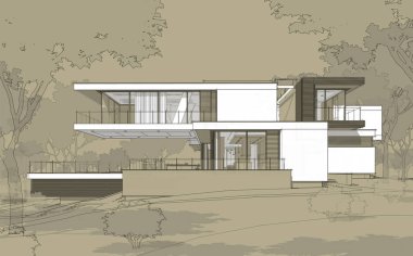 Satılık ve kiralık garaj ile modern rahat ev 3D işleme sketch. Beyaz spot ve entourage zanaat arka plan üzerinde çizim el ile siyah çizgi kroki.