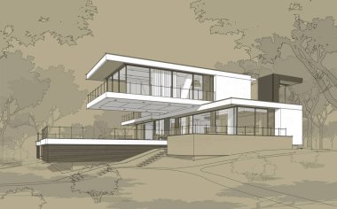 Satılık ve kiralık garaj ile modern rahat ev 3D işleme sketch. Beyaz spot ve entourage zanaat arka plan üzerinde çizim el ile siyah çizgi kroki.