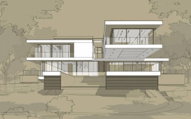 Satılık ve kiralık garaj ile modern rahat ev 3D işleme sketch. Beyaz spot ve entourage zanaat arka plan üzerinde çizim el ile siyah çizgi kroki.