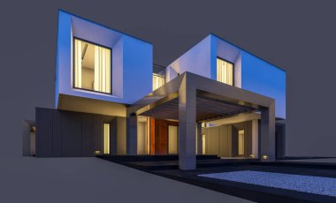 Satılık ve kiralık garaj ile nehrin yanında modern rahat ev 3D render. Penceresinden yumuşak ışık ile akşam ne yapıyorsun? Gri izole.