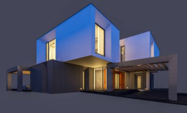 Satılık ve kiralık garaj ile nehrin yanında modern rahat ev 3D render. Penceresinden yumuşak ışık ile akşam ne yapıyorsun? Gri izole.