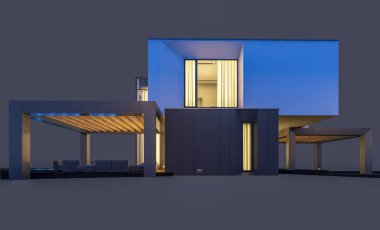Satılık ve kiralık garaj ile nehrin yanında modern rahat ev 3D render. Penceresinden yumuşak ışık ile akşam ne yapıyorsun? Gri izole.