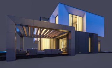 Satılık ve kiralık garaj ile nehrin yanında modern rahat ev 3D render. Penceresinden yumuşak ışık ile akşam ne yapıyorsun? Gri izole.