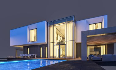 Satılık ve kiralık garaj ile nehrin yanında modern rahat ev 3D render. Penceresinden yumuşak ışık ile akşam ne yapıyorsun? Gri izole.