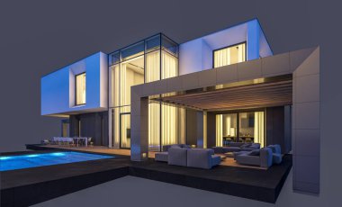 Satılık ve kiralık garaj ile nehrin yanında modern rahat ev 3D render. Penceresinden yumuşak ışık ile akşam ne yapıyorsun? Gri izole.