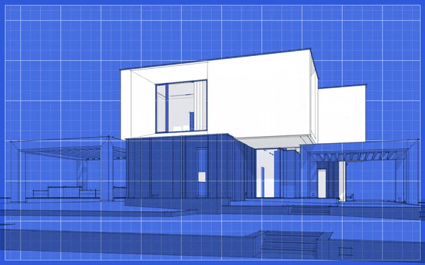 3d rendering sketch of modern cozy house in garden with garage for sale or rent. Graphics black line sketch with white spot on blueprint background.