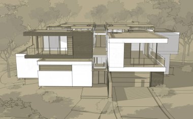 Satılık ve kiralık garaj ile modern rahat ev 3D işleme sketch. Beyaz spot ve entourage zanaat arka plan üzerinde çizim el ile siyah çizgi kroki.