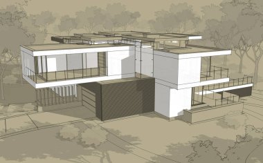 Satılık ve kiralık garaj ile modern rahat ev 3D işleme sketch. Beyaz spot ve entourage zanaat arka plan üzerinde çizim el ile siyah çizgi kroki.