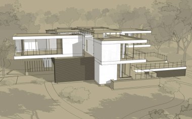 Satılık ve kiralık garaj ile modern rahat ev 3D işleme sketch. Beyaz spot ve entourage zanaat arka plan üzerinde çizim el ile siyah çizgi kroki.