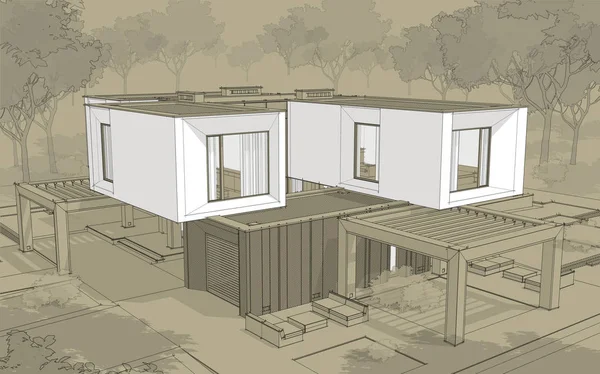 Rendering Sketch Modern Cozy House Garden Garage Sale Rent Black — Stock Photo, Image