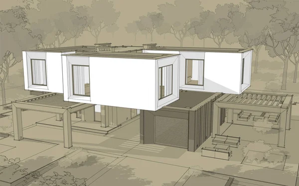 Desenho Renderização Casa Aconchegante Moderna Jardim Com Garagem Para Venda — Fotografia de Stock