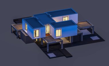 Satılık ve kiralık garaj ile nehrin yanında modern rahat ev 3D render. Penceresinden yumuşak ışık ile akşam ne yapıyorsun? Gri izole.