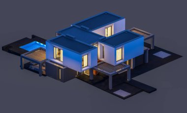 Satılık ve kiralık garaj ile nehrin yanında modern rahat ev 3D render. Penceresinden yumuşak ışık ile akşam ne yapıyorsun? Gri izole.