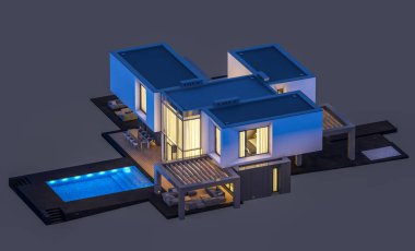 Satılık ve kiralık garaj ile nehrin yanında modern rahat ev 3D render. Penceresinden yumuşak ışık ile akşam ne yapıyorsun? Gri izole.