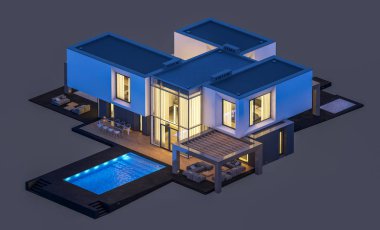 Satılık ve kiralık garaj ile nehrin yanında modern rahat ev 3D render. Penceresinden yumuşak ışık ile akşam ne yapıyorsun? Gri izole.