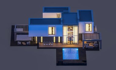 Satılık ve kiralık garaj ile nehrin yanında modern rahat ev 3D render. Penceresinden yumuşak ışık ile akşam ne yapıyorsun? Gri izole.
