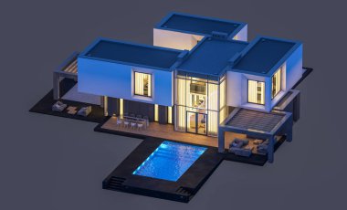 Satılık ve kiralık garaj ile nehrin yanında modern rahat ev 3D render. Penceresinden yumuşak ışık ile akşam ne yapıyorsun? Gri izole.