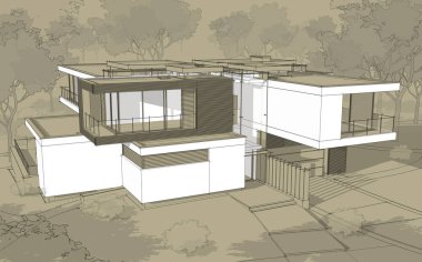 Satılık ve kiralık garaj ile modern rahat ev 3D işleme sketch. Beyaz spot ve entourage zanaat arka plan üzerinde çizim el ile siyah çizgi kroki.