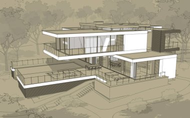 Satılık ve kiralık garaj ile modern rahat ev 3D işleme sketch. Beyaz spot ve entourage zanaat arka plan üzerinde çizim el ile siyah çizgi kroki.