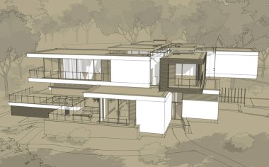 Satılık ve kiralık garaj ile modern rahat ev 3D işleme sketch. Beyaz spot ve entourage zanaat arka plan üzerinde çizim el ile siyah çizgi kroki.