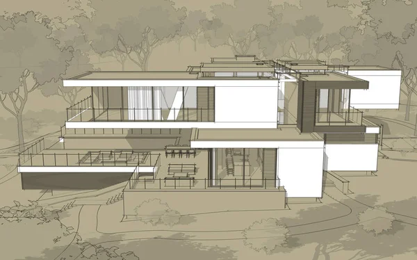 3d rendering sketch of modern cozy house with garage for sale or rent. Black line sketch with white spot and hand drawing entourage on craft background.