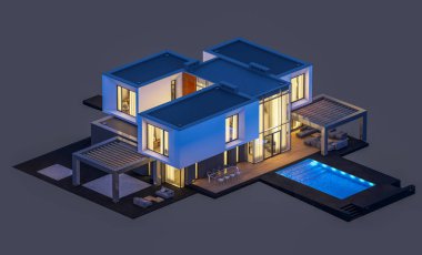 Satılık ve kiralık garaj ile nehrin yanında modern rahat ev 3D render. Penceresinden yumuşak ışık ile akşam ne yapıyorsun? Gri izole.