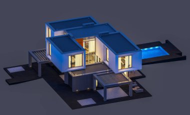 Satılık ve kiralık garaj ile nehrin yanında modern rahat ev 3D render. Penceresinden yumuşak ışık ile akşam ne yapıyorsun? Gri izole.