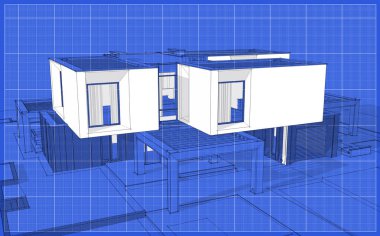 Bahçe garaj Satılık ve kiralık ile modern rahat evde 3D işleme sketch. Grafik siyah çizgi kroki blueprint arka plan üzerinde beyaz nokta ile.