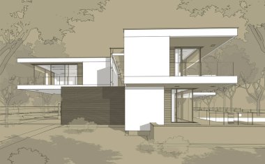 Satılık ve kiralık garaj ile modern rahat ev 3D işleme sketch. Beyaz spot ve entourage zanaat arka plan üzerinde çizim el ile siyah çizgi kroki.