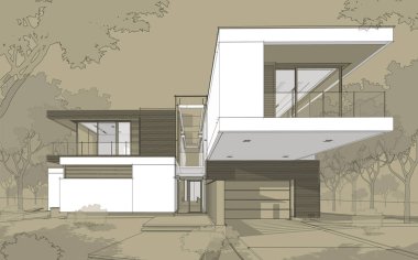 Satılık ve kiralık garaj ile modern rahat ev 3D işleme sketch. Beyaz spot ve entourage zanaat arka plan üzerinde çizim el ile siyah çizgi kroki.