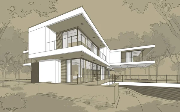 Satılık ve kiralık garaj ile modern rahat ev 3D işleme sketch. Beyaz spot ve entourage zanaat arka plan üzerinde çizim el ile siyah çizgi kroki.