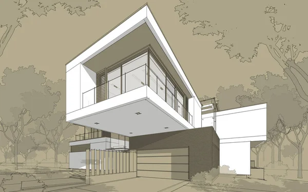 Rendering Sketch Modern Cozy House Garage Sale Rent Black Line — Stock Photo, Image