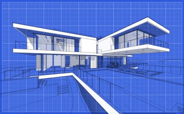 Satılık ve kiralık garaj ile modern rahat ev 3D işleme sketch. Grafik siyah çizgi kroki blueprint arka plan üzerinde beyaz nokta ile.