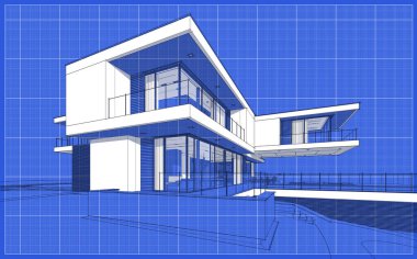Satılık ve kiralık garaj ile modern rahat ev 3D işleme sketch. Grafik siyah çizgi kroki blueprint arka plan üzerinde beyaz nokta ile.