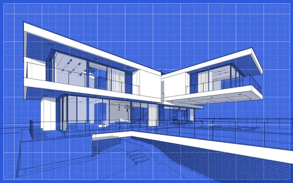 3d rendering sketch of modern cozy house with garage for sale or rent. Graphics black line sketch with white spot on blueprint background.